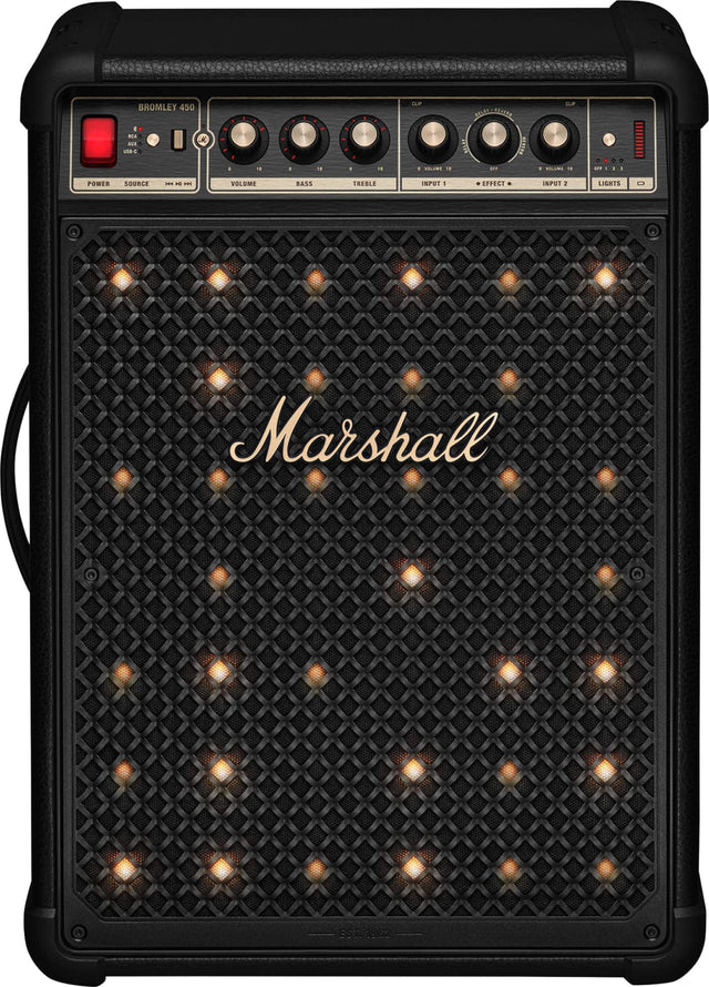 BROMLEY 450

K AUE 158.0

"LLP 4 FELORE 1 MSTARLSIER HELAE KRT ... tuP + VOLUM . ... ... . . . POWER SOURCE INE  . VOLUME BASS TREBLE INPUT - EFFECT INPUT 2 LIGHTS Marshall ES0. 1932