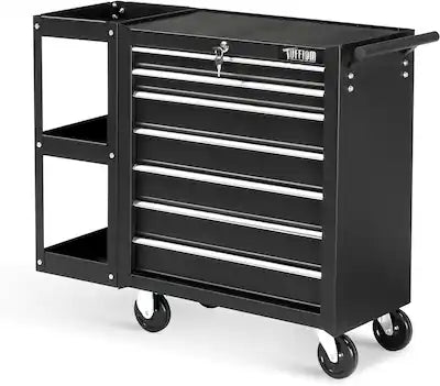 Winado - 7-Drawer Rolling Tool Chest Tool Cabinet Storage Box with Side Shelves & Wheels & Lock & Key & Drawer Liner for Workshop
