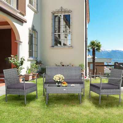 Costway - 4 PCS Outdoor Rattan Furniture Set Patio Conversation Sofa Set Cushioned