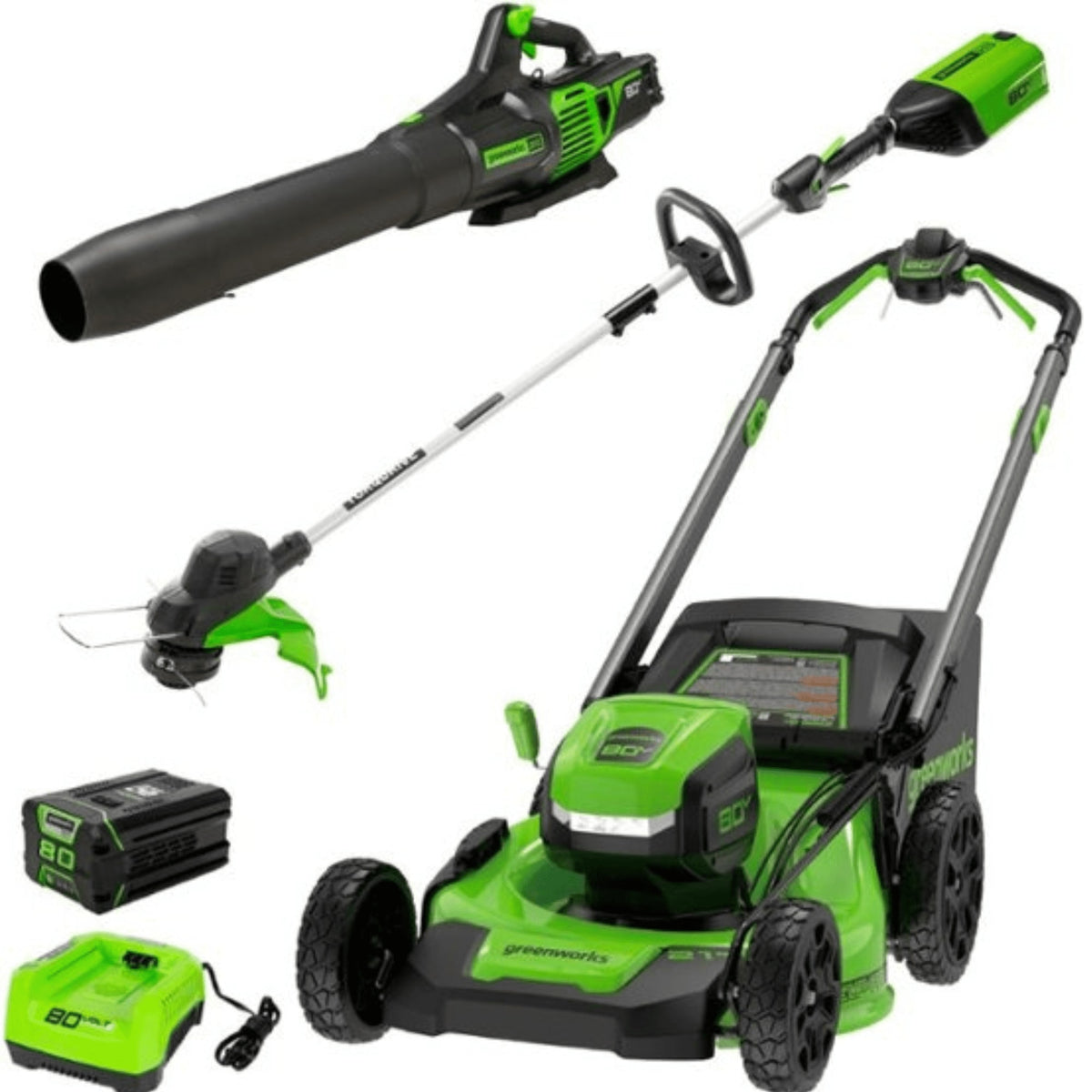 Refurbished Excellent - Open Box Greenworks 80V 21" Cordless Brushless Self-Propelled Mower+String Trimmer+Leaf Blower Combo Kit - Green