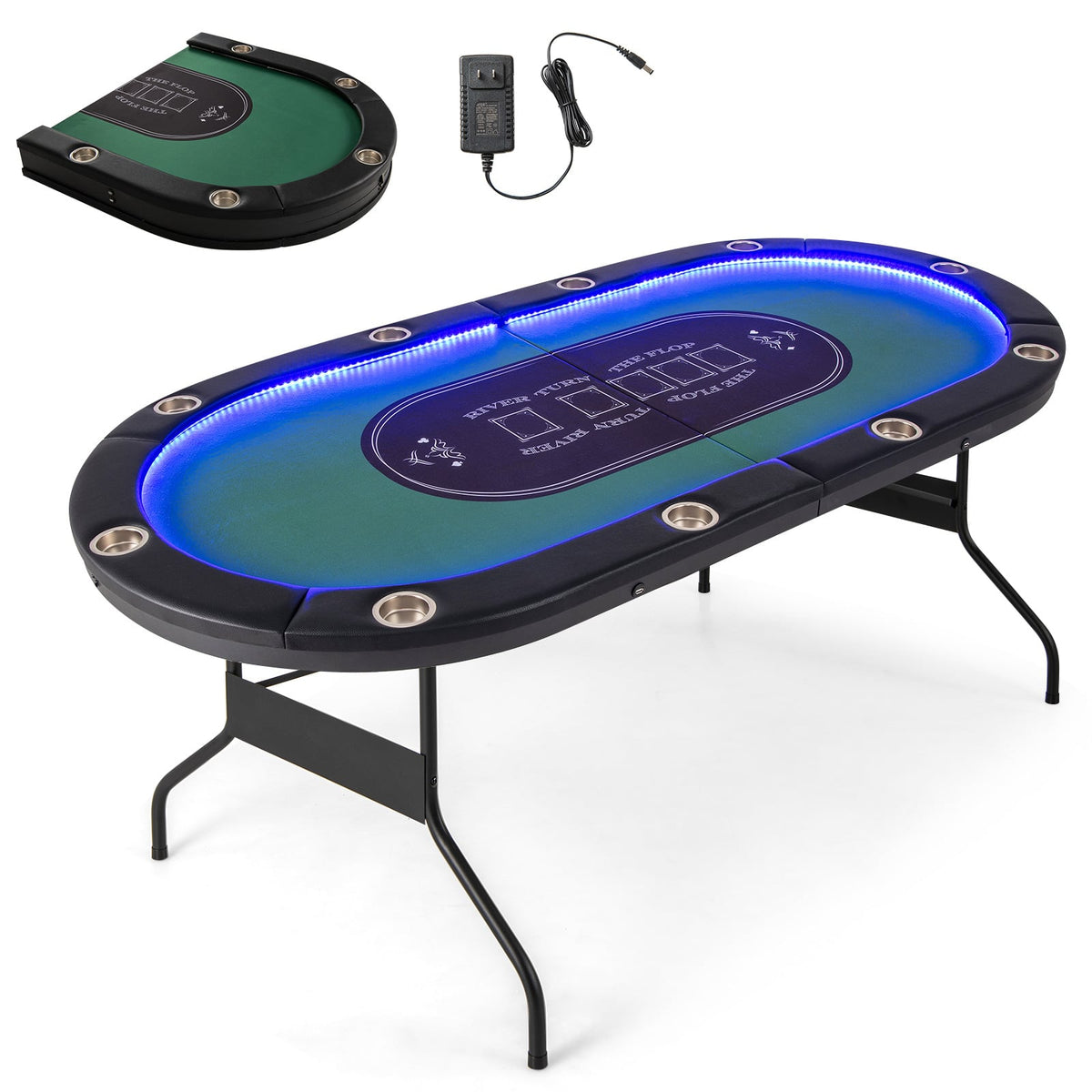 Costway - Foldable 10 Player Poker Table Casino Texas Holdem with LED Lights USB Ports - Green
