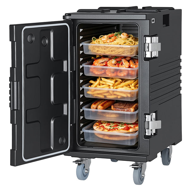 Front. VEVOR - Insulated Food Pan Carrier, 127 Qt Non-Electrical Food Warmer, with Swivel Wheel & 304 Stainless Steel Latch, LLDPE - Black.