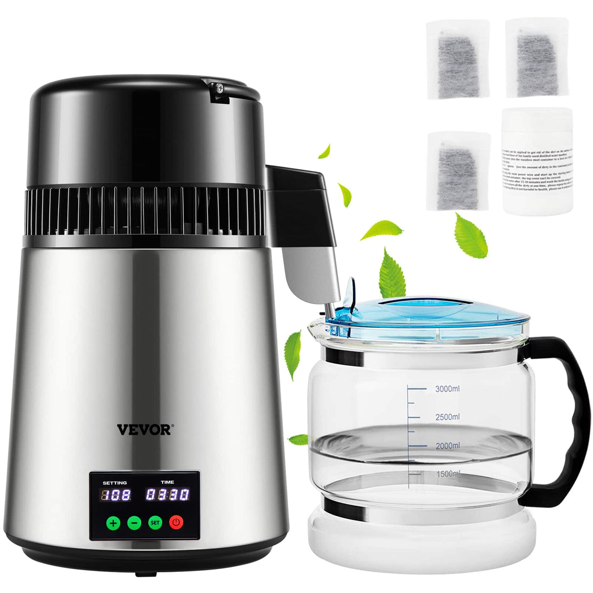 VEVOR - 1.1 Gal Water Distiller, 0.3 Gal/H, 750W Distilled Water Maker Machine 0-99H Timing Set Temp Display