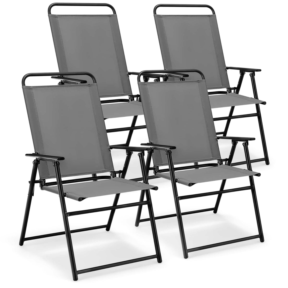 Gymax - Set of 4 Folding Sling Chairs Portable chair w/ Dining Armrest Backrest Patio - Gray
