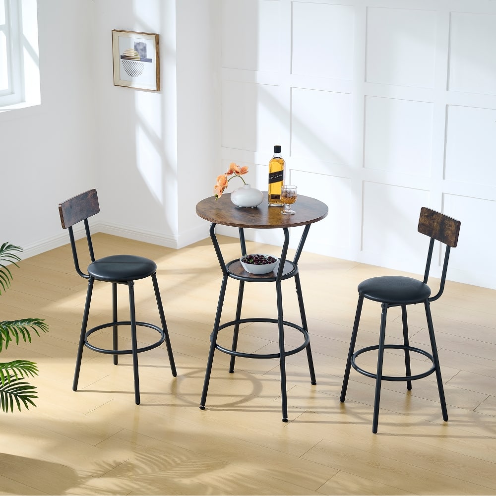 Loheer - Round Bar Table Set Upholstered Bar Stools Small Space Bar Set Iron Frame Bar Furniture - Rustic Brown