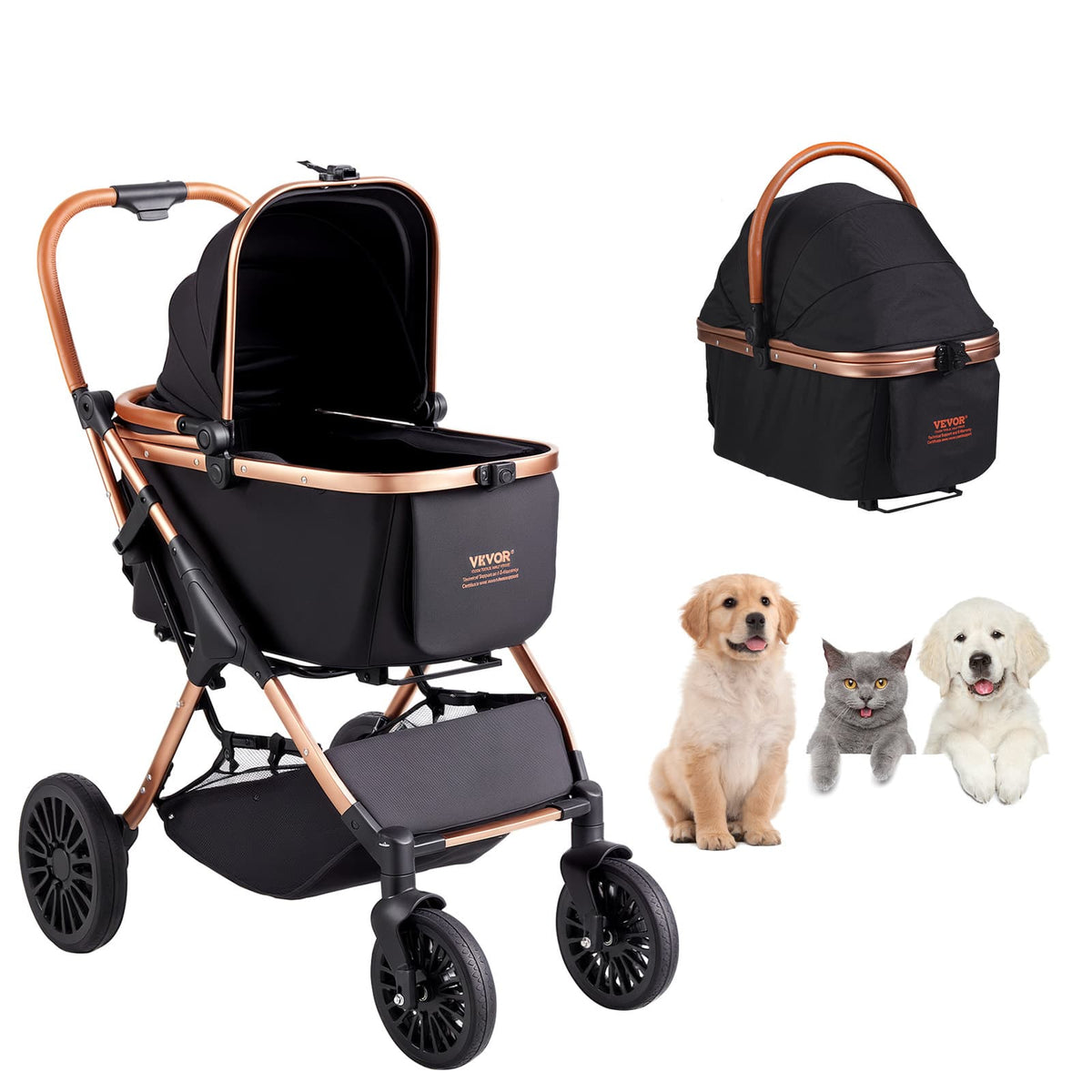 VEVOR - Pet Stroller, 4 Wheels Dog Stroller Rotate with Brakes, 66 lbs Weight Capacity, Puppy Stroller with Detachable Carrier - Black