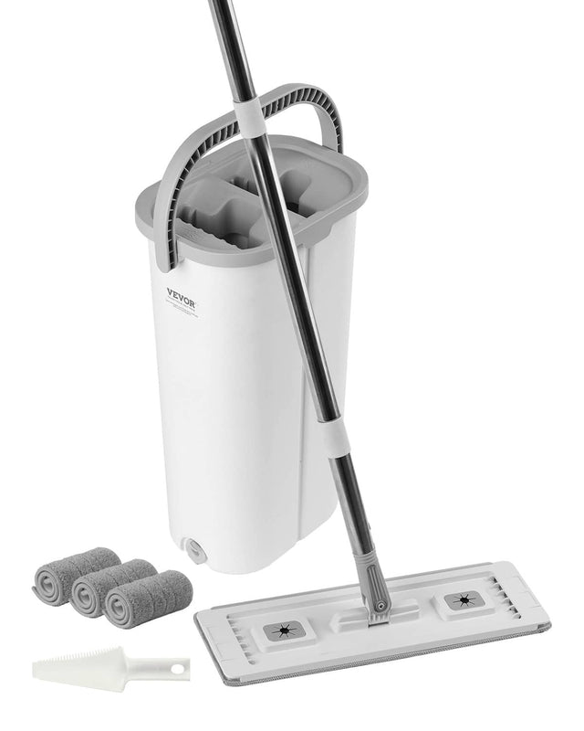 Front. VEVOR - Mop and Bucket with Wringer Set, Wet & Dry Use, Flat Mop and Bucket System with 3 Washable Microfiber Pads - White;Gray.
