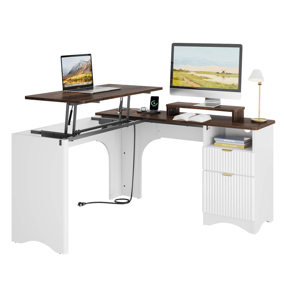 Bestier - 55-inch L-Shaped Computer Desk with Lift Top, Modern Office Desk with Fluted Drawers & File Storage - Walnut