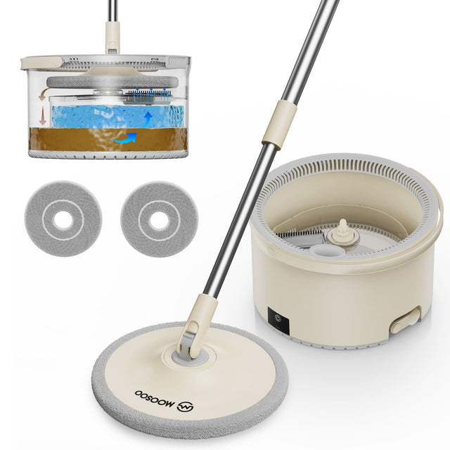 Front. MOOSOO - Electric Spin Mop and Bucket Set with One-Click Auto Clean and Dry, 360° Rotation, Adjustable Handle - White.