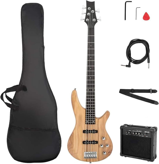 Front. Winado - Electric KIB Bass Guitar 5 String Bass Guitar Kit Full Equipment with 20 Watt Amplifier for Beginner - wood.