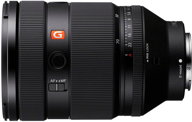 The text on the image reads "G AF 1.4 50 70 1 4 5.64 U 5.6 8 11 16 22 - A LOCK IRIS FEZ E-mount X." This text is likely related to the camera lens, providing information about its features and specifications.