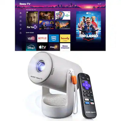 Aurzen - Roku TV Portable Mini Projector with Upgraded Sound Base, 180° Rotation, Auto Vertical Keystone, Zoom for Home/Outdoor