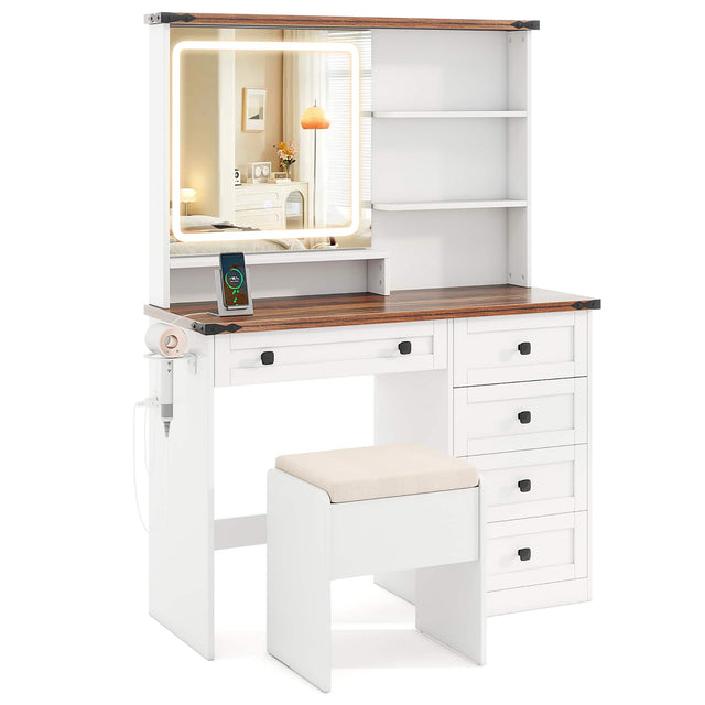 Front. Gymax - Gymax Farmhouse Vanity Set w/ Mirror and Lights Dressing Table & Chair Set - White, Dark Brown.