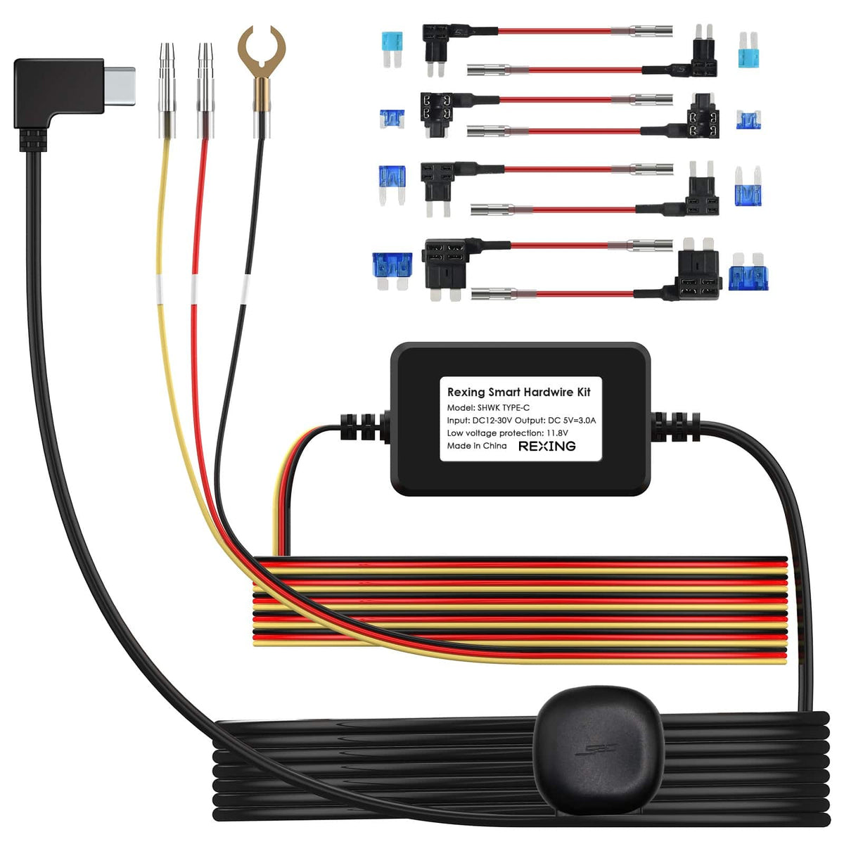 Type-C GPS Smart Hardwire Kit for Rexing R4, V1P Flex X4, and RH2 Series - Black