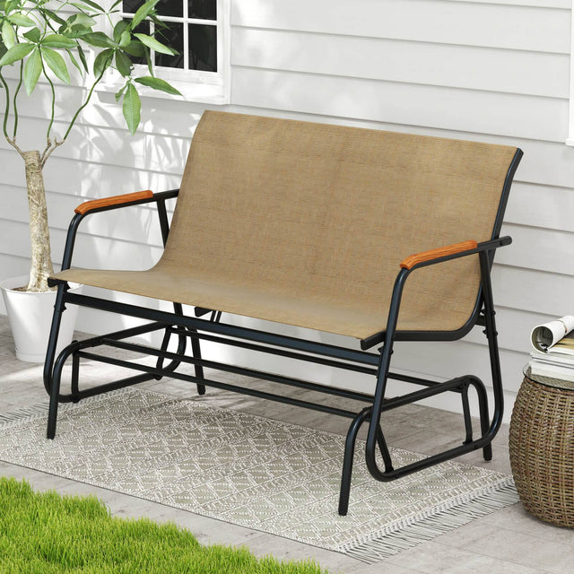 Front. Costway - Costway Patio Glider Bench for 2 Swing Gliding Loveseat with Curved Teak Armrests for Porch - Brown.