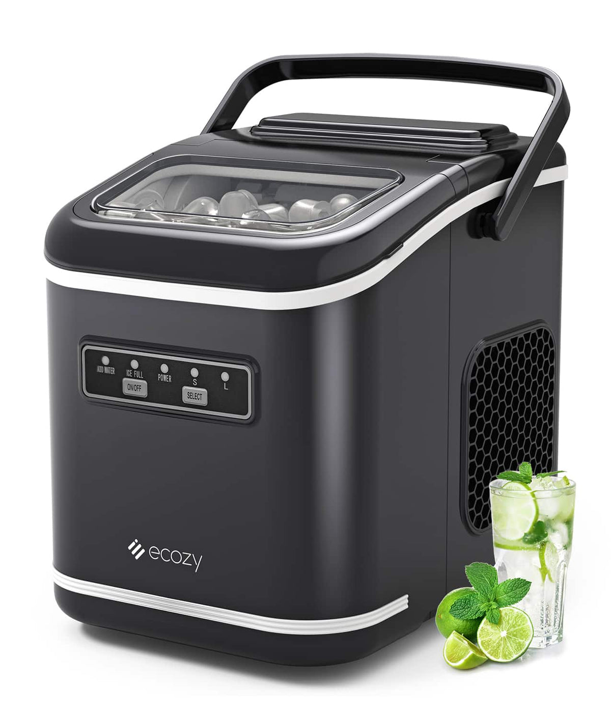 Ecozy - 26lb. Countertop Portable Ice Maker with Self-Cleaning, 9 Bullet Ice Cubes in 6 Mins - Black