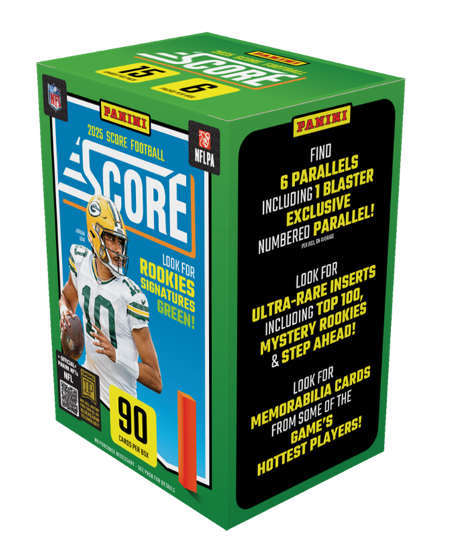 **PAKINI**  
2025 SCORE FOOTBALL  
**SCORE**  
LOOK FOR ROOKIES SIGNATURES GREEN!  

**PAKINI**  
FIND 6 PARALLELS INCLUDING 1 BLASTER EXCLUSIVE NUMBERED PARALLEL!  
LOOK FOR ULTRA-RARE INSERTS INCLUDING TOP 100, MYSTERY ROOKIES & STEP AHEAD!  
LOOK FOR MEMORABILIA CARDS FROM SOME OF THE GAME'S HOTTEST PLAYERS!  

90 CARDS PER BOX  

**NFL**  
**NFLPA**  

**PAKINI**  
**SCORE**  
**2025**  
**90**  
**CARDS PER BOX**  
**NO REFERENCE NECESSARY - SELF-PACK FOR RETAILS**  

**PAKINI**  
**SCORE**  
**2025** 
