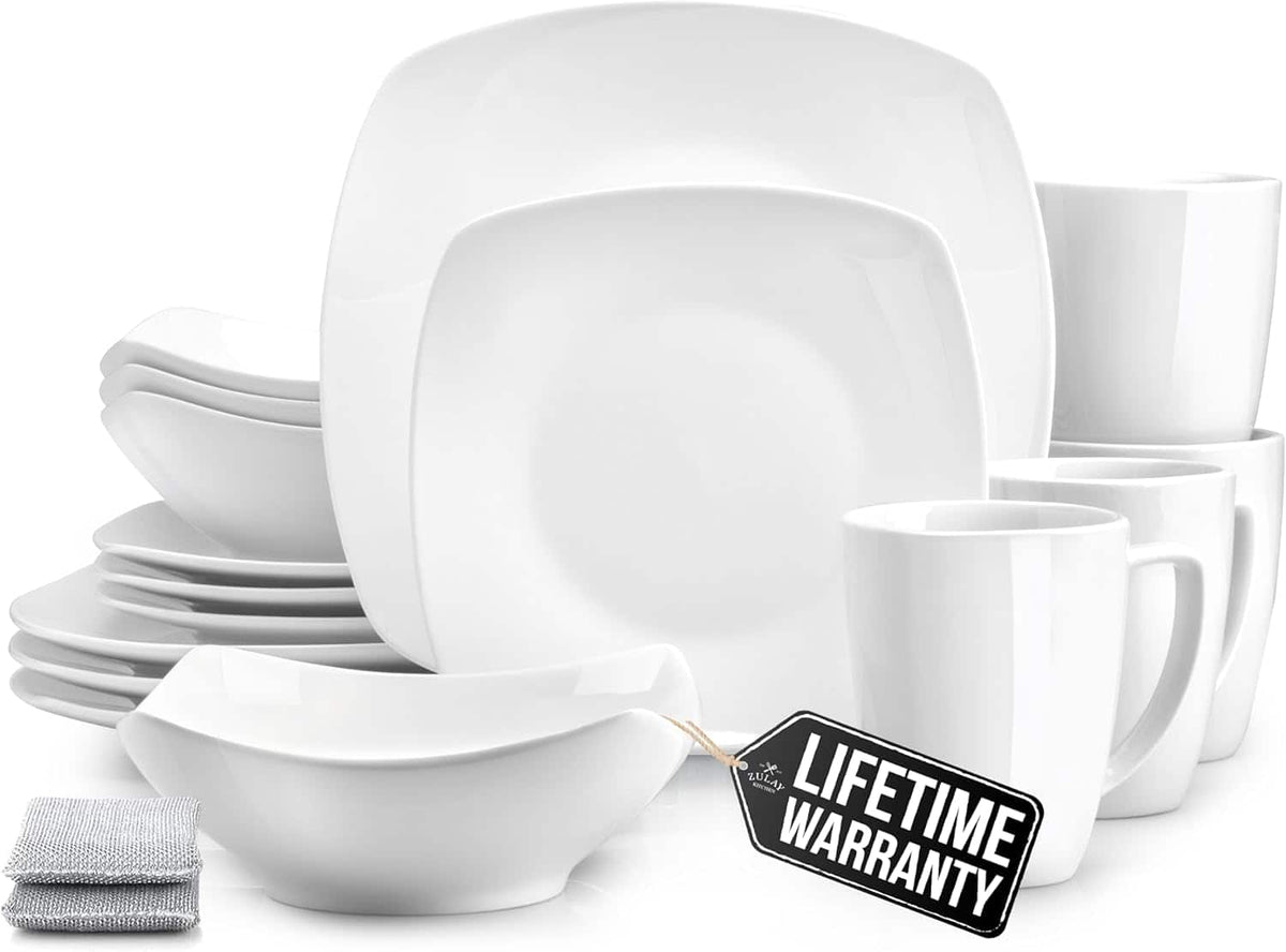 Zulay Kitchen - Luna Plates and Bowls Sets, 16 Piece Modern Porcelain Dish Set for 4 - Pearl White