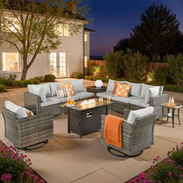 Front. Ovios - 11 PCS Outdoor Patio Furniture Sectional Sofa with Swivel Chairs, Coffee Table & 42" Fire Pit Table - Gray.