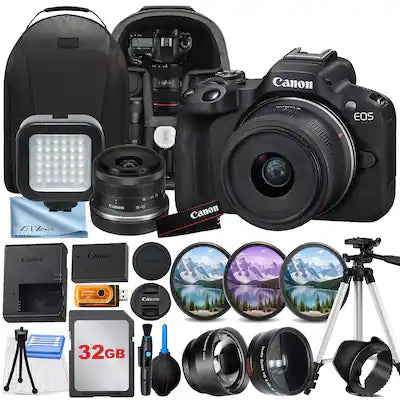 Canon - EOS R50 Mirrorless Camera with 18-45mm Lens + 32GB Card + Backpack + ZeeTech Bundle