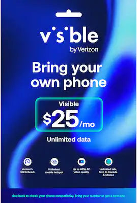 Visible - $$25/mo plan + eSIM/pSIM Kit - Unlimited 5G data included