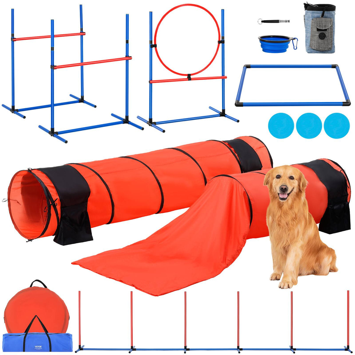 VEVOR - Dog Agility Training Equipment, 7 PCS Set Upgrade w/ Adjustable High Hurdles,6 Weave Poles,2 Tunnels - Red，Blue,Orange,Black