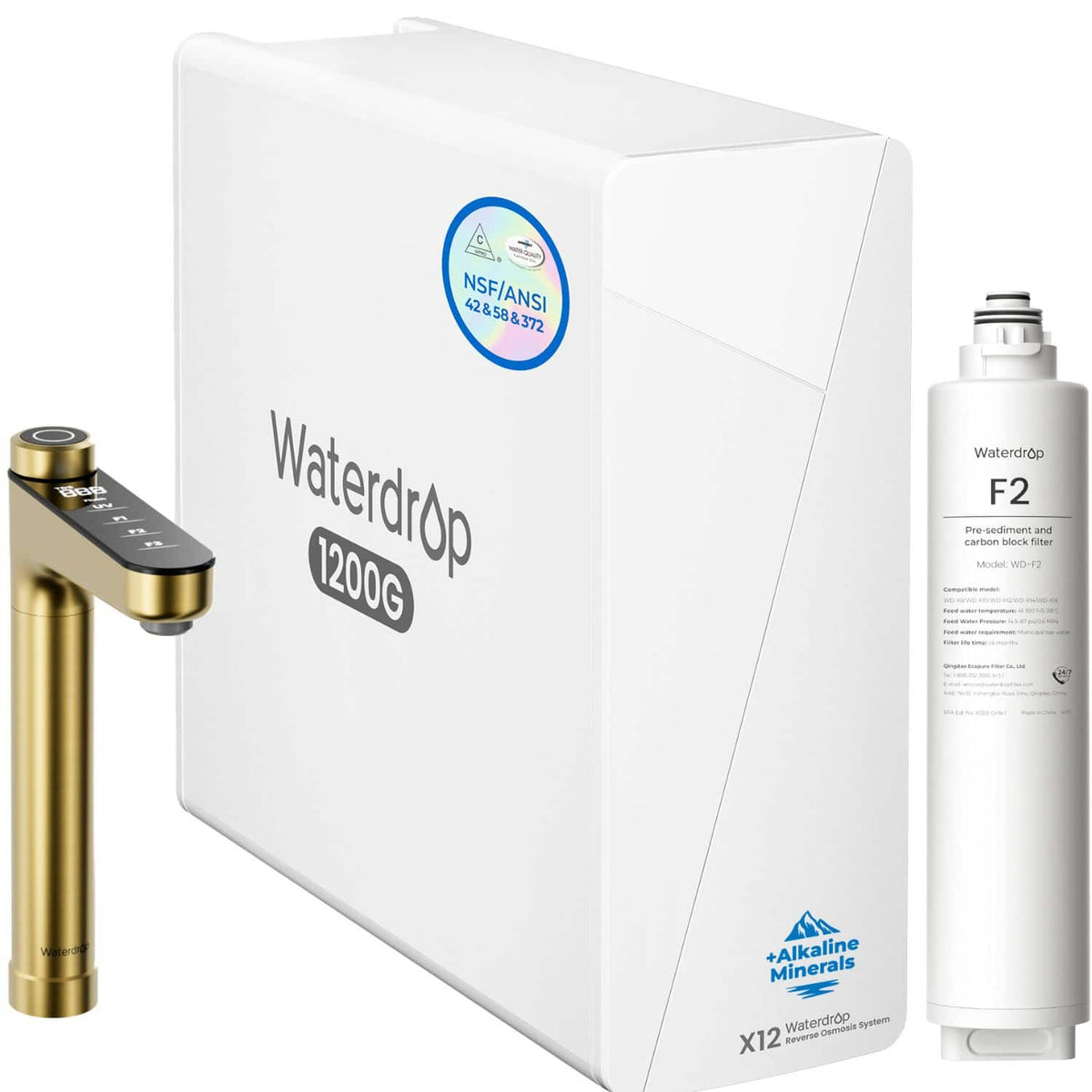 Waterdrop - X12-WAJ Alkaline Mineral Reverse Osmosis Water Filter, Gold Faucet, EXTRA F2 Filter