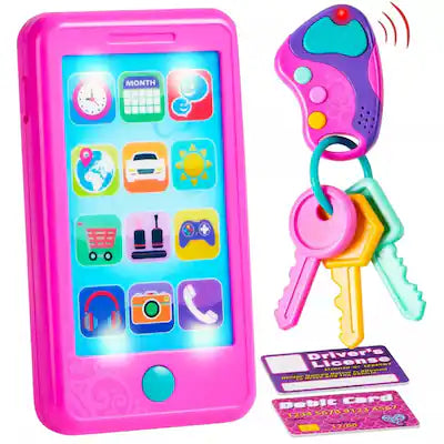 Joyfy - Pretend Play Smart Phone, Keyfob Key Toy and Credit Cards Set, Kids Toddler Cellphone Toys, Toddler Birthday Gifts