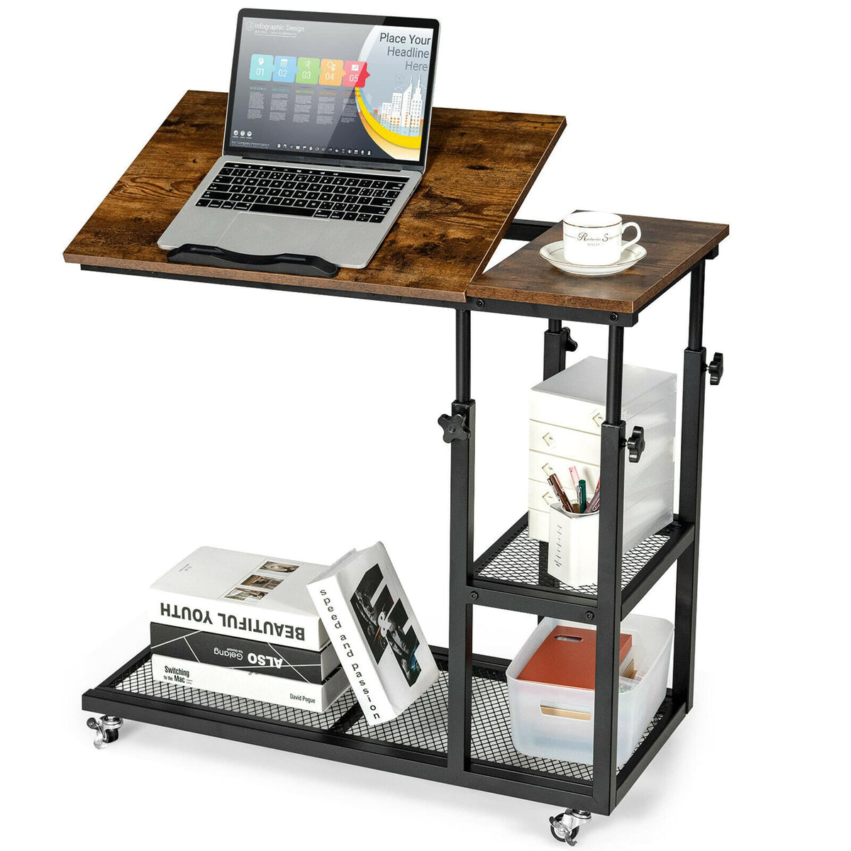 Costway - C Shaped Side Table w/ Wheels Height and Tabletop Adjustable Storage Shelf - Rustic Brown