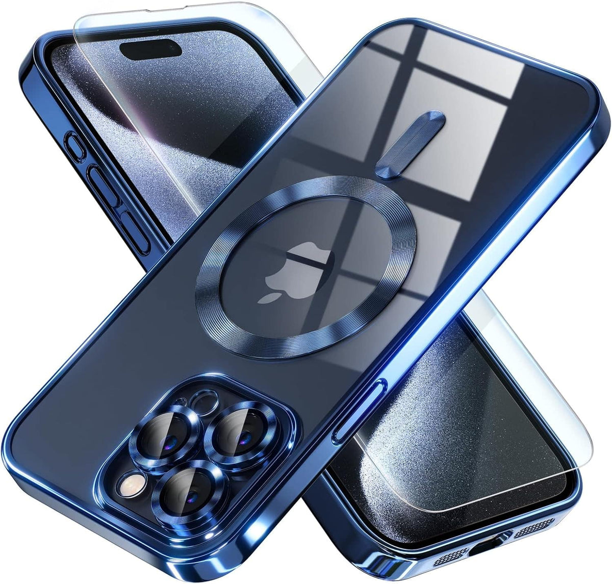 Bundle - Entronix - for iPhone 14 Pro - [Magnetic] Luxury Glossy Case & 1 Clear Screen Protectors - Navy Blue