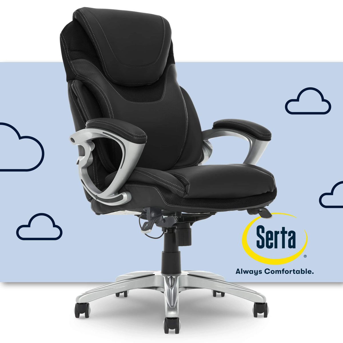 Executive Office Chair with Serta Air Lumbar Support Padded Arms Reclining Leather Computer Chair for Home Office - Black