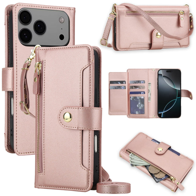 Front. Dteck - Zipper Wallet Case for Apple iPhone 17 Pro,Crossbody Faux Leather Folio Cover with Card Holder Kickstand - Rosegold.