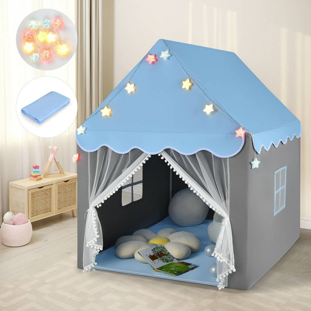 Front. Gymax - Gymax Kids Playhouse Tent Large Castle Fairy Tent Gift w/Star Lights Mat Blue - Blue + Gray.