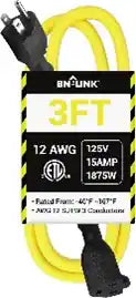 BN-LINK - 3 ft Outdoor Extension Cord 12/3 SJTW, Heavy Duty, 3-Prong Grounded, 15A, 1875W, ETL