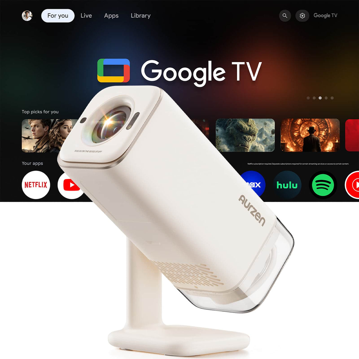Aurzen - Portable Projector with Built-in Google TV, USB-C Powered, 4K Supported, Flexible Stand, TOF Auto Focus, 300 ANSI Lumens - Off-White