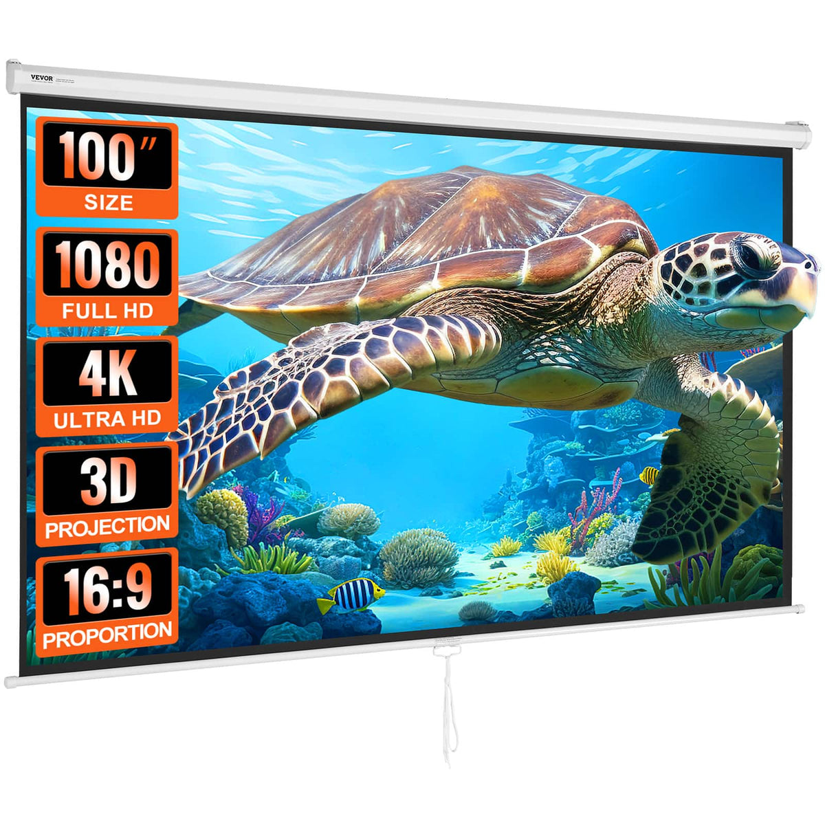 VEVOR - Manual Pull Down Projector Screen, 100 inch 16:9 4K 1080 HD Retractable Projector Screen, Auto-Locking Projection Screen - White
