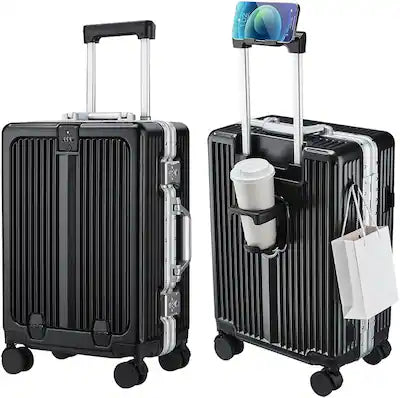 Quick Deer - 20 Inch Carry On Luggage with Front Pocket, Aluminum Frame Hardshell Suitcase with Spinner Wheels and Cup Holder