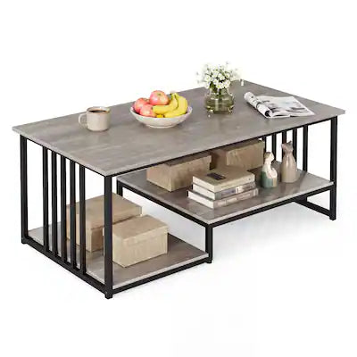 Gymax - 2-Tier Coffee Table 43.5'' Industrial Rectangle Center Table w/Open Storage Shelf Oak