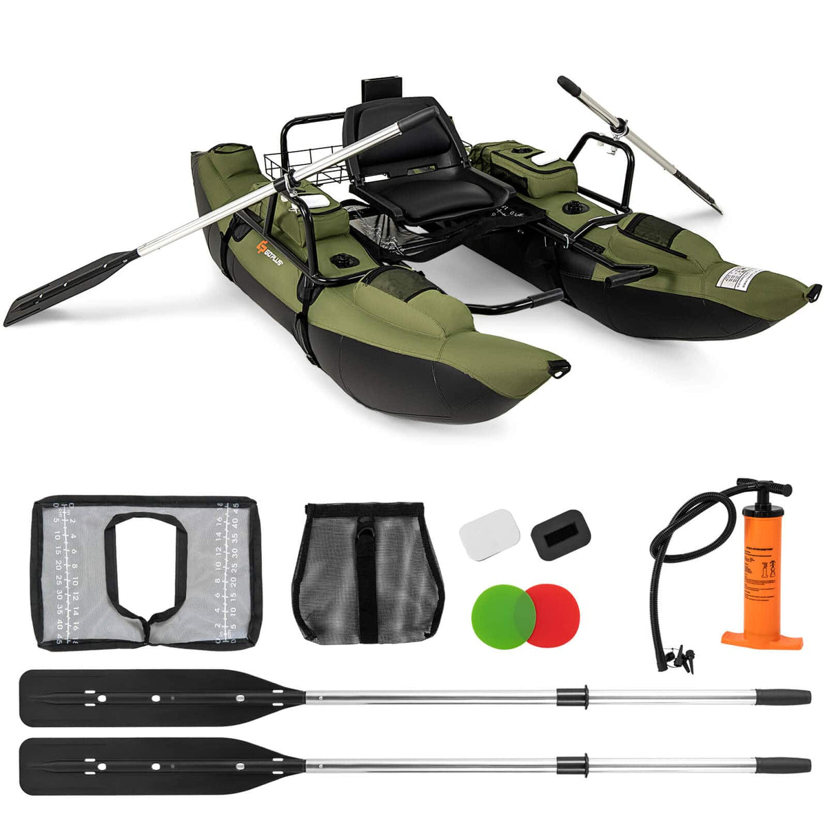 Costway - Inflatable Fishing Float Tube with Foldable Padded Seat, Adjustable Footrest, Pump - Green