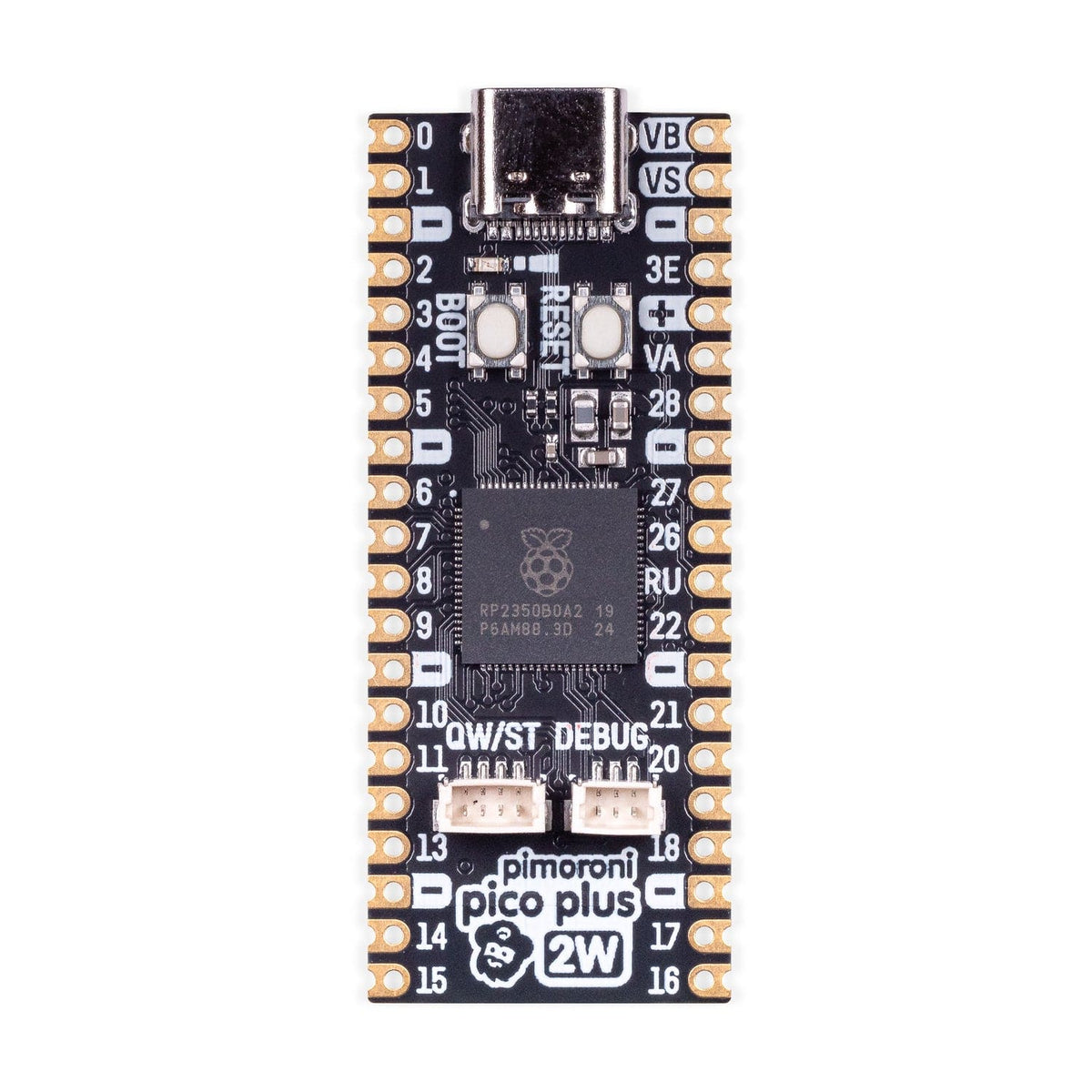 Pimoroni - PIM726 Pico Plus 2 W RP2350 16MB of flash, 8MB of PSRAM, USB-C 2.4GHz wireless / Bluetooth microcontroller