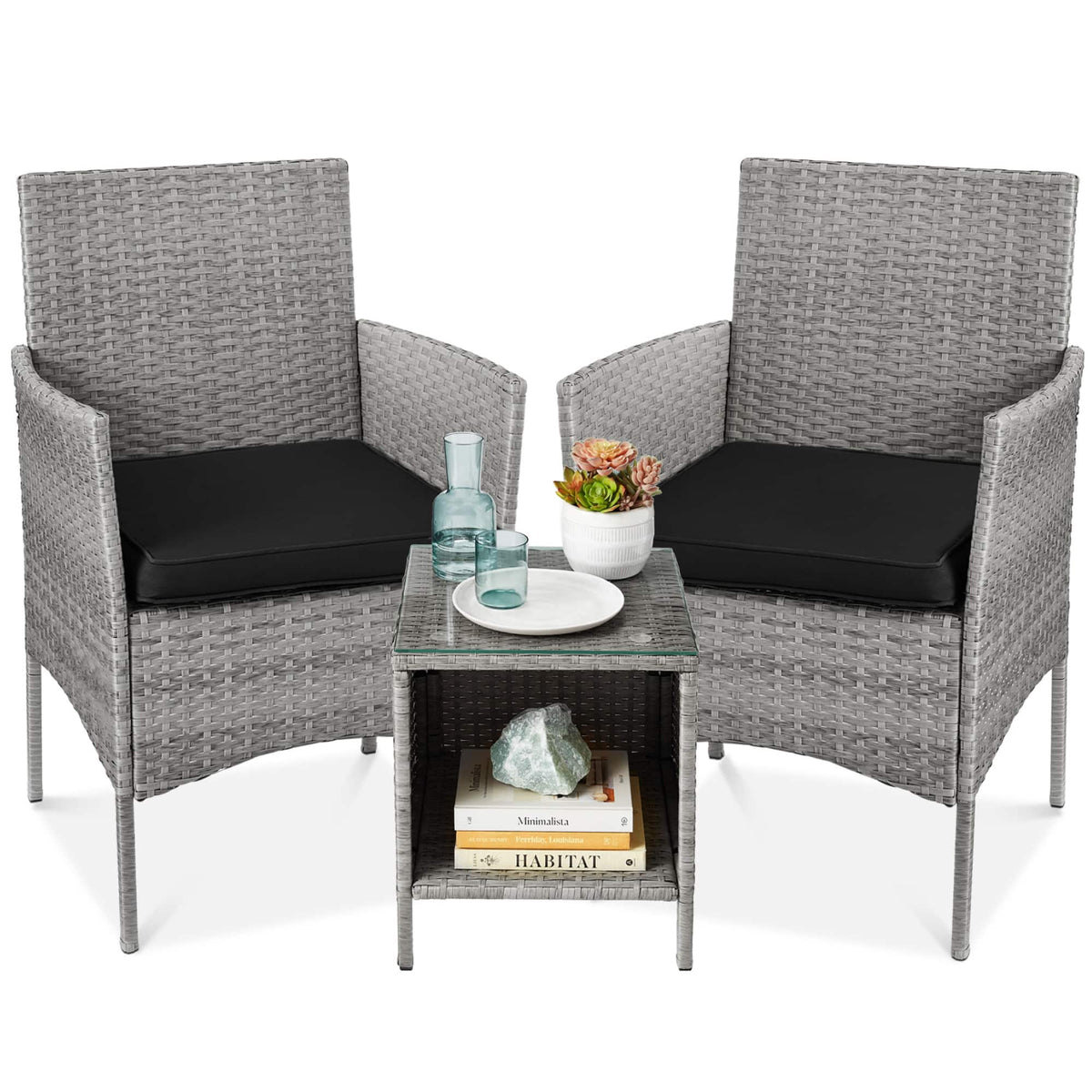 Best Choice Products - 3-Piece Outdoor Wicker Conversation Patio Bistro Set, w/ 2 Chairs, Table - Gray/Black