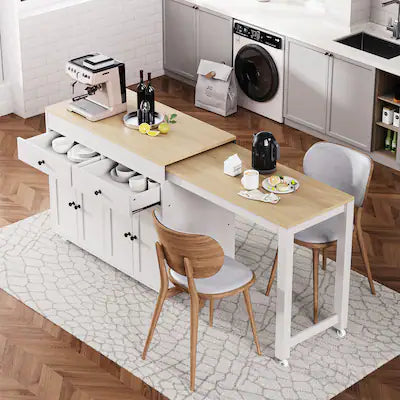 Bestier - 74.5-Inch Rolling Kitchen Island with Extendable Dining Table, Spice Rack, 2 Drawers and 4-Door Cabinet