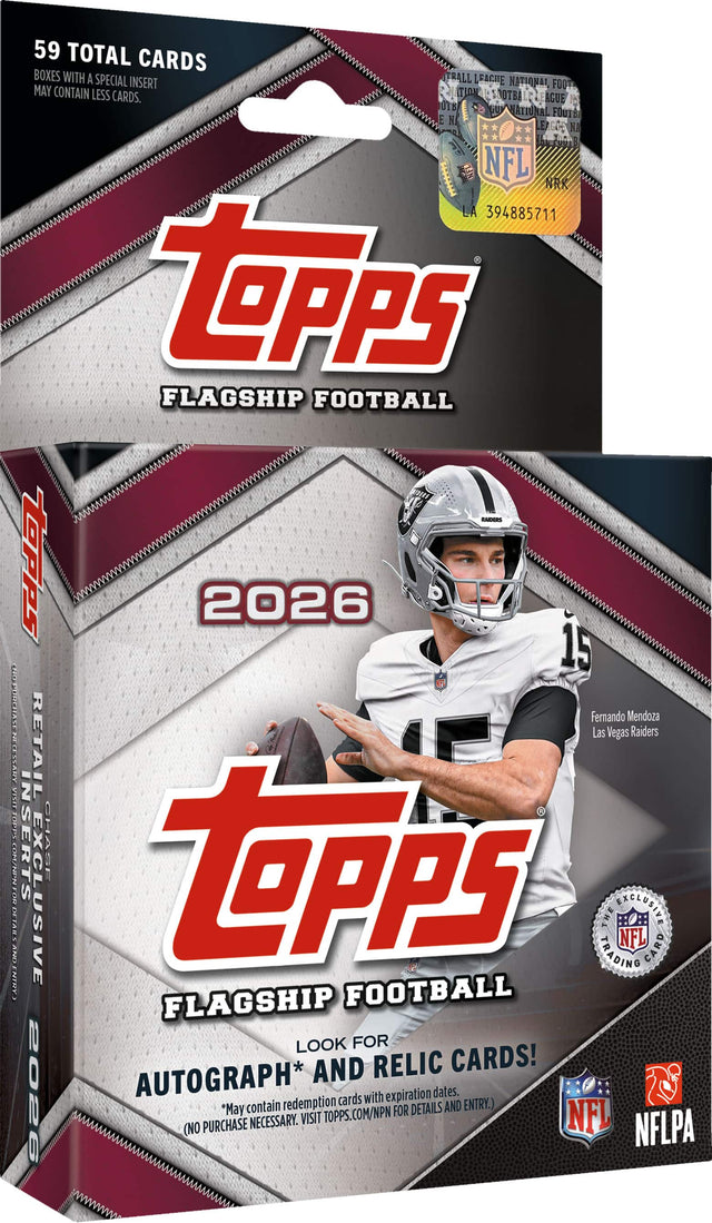 59 TOTAL CARDS BOXES WITH A SPECIAL LEAGUE NATIONAL INSERT FOOTBALL MAY CONTAIN LESS CARDS. ITIONAL LEAGUE 018 YOUR GUY NATIONAL FOOTBALL 76018 NFL www NRK LA 394885711 wwwww topps FLAGSHIP FOOTBALL RAIDERS topps 2026 15 NOTURCHASE Fernando Mendoza Las Vegas Raiders CESSARY RETAIL VISIT RIPPS COM/NEN SERTS CHASE topps FOR DETARX THE EXCLUSIVE ENTRY AND USIVE TRADING NFL CARD FLAGSHIP FOOTBALL LOOK FOR AND RELIC CARDS! 2026 AUTOGRAPH* with expiration dates. redemption cards AND ENTRY.) *May contain FOR DETAI