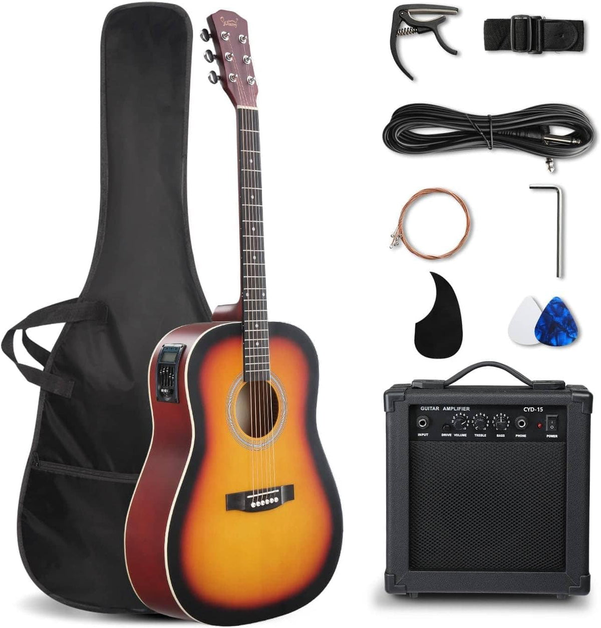 Winado - 41in Full Size Acoustic Electric Guitar Beginner Kit with 15W Amp, 5-band EQ Dreadnought Design