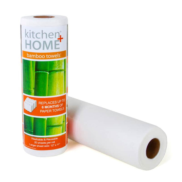 kitchen + HOME  
bamboo towels*  

REPLACES UP TO 6 MONTHS OF PAPER TOWELS  

Washable & Reusable  
20 sheets per roll  
Larger sheet size: 12" x 11"