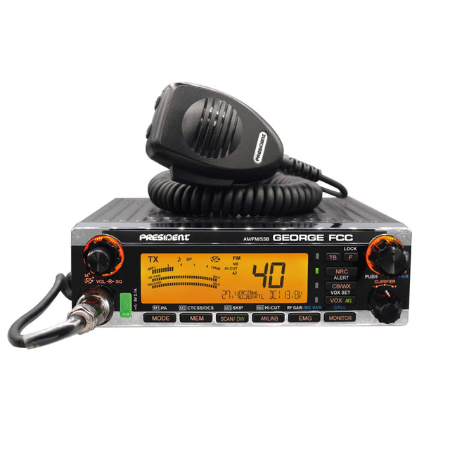 PRESIDENT AM/FM/SSB GEORGE FCC LOCK TX KP FM TB F 1 r NB SP immin Td HI-CUT U NRC VOL-O-SO DE MN RTWE Wr MAR 40 CB/WX ALERT A on U VOX SET SV2.1A Cin L ZUIDCOAL DC 1.8V AS VOX AG PA M CTCS8/DCS AK SKIP MO HI-CUT RF GAIN MIC CALL PUSH FWRt CLARIFIER MODE MEM SCAN DW ANLNB EMG MONITOR