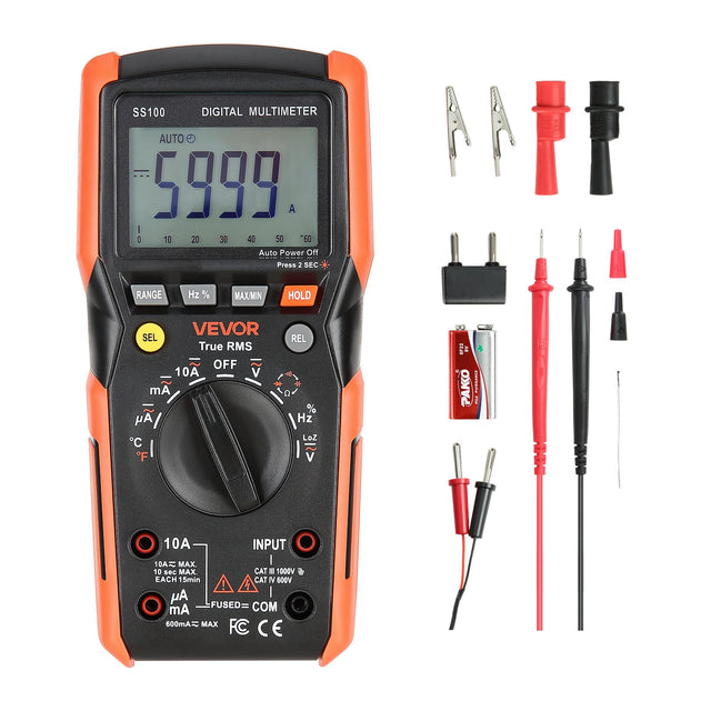 SS100 DIGITAL MULTIMETER AUTO C 5999 A I 0 10 20 30 40 50 "60 Auto Power Off Press 2 SFC RANGE Hz % MAXMIN HOLD VEVOR SEL True RMS OFF 10A V mA y C F REL a % Hz Loz V SPEA A PAKKO | 10A INPUT 10A MAX 10 sOc MAX CAT . 1000V  EACH 15min CAT I 600V y I FUSED= COM mA 500mA MAX FC C E