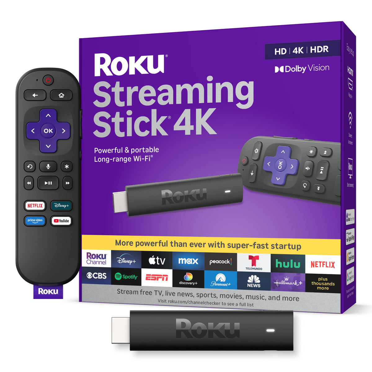 Roku - Streaming Stick 4K - HDR & Dolby Vision Streaming Device for TV with Voice Remote & Long-Range Wi-Fi - Black