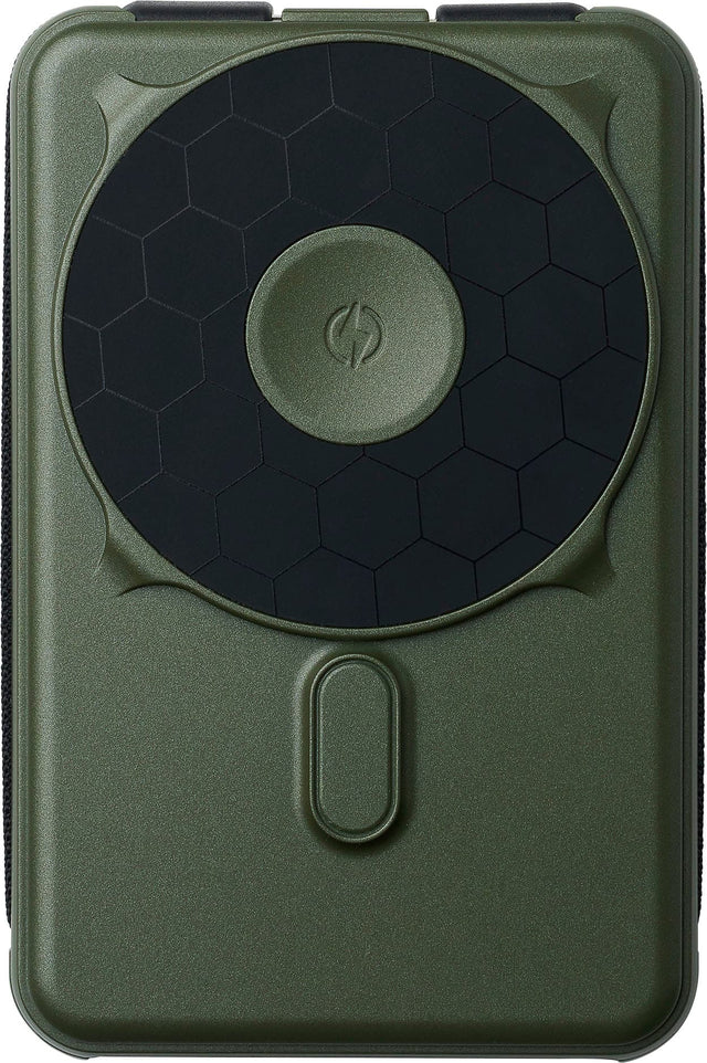Front. The Ridge Wallet - MAGSAFE POWER BANK 10,000mAh 20w 5-in-1 with integrated lightning and USB-C cables, Apple Watch charging, and Kickstand - Green.