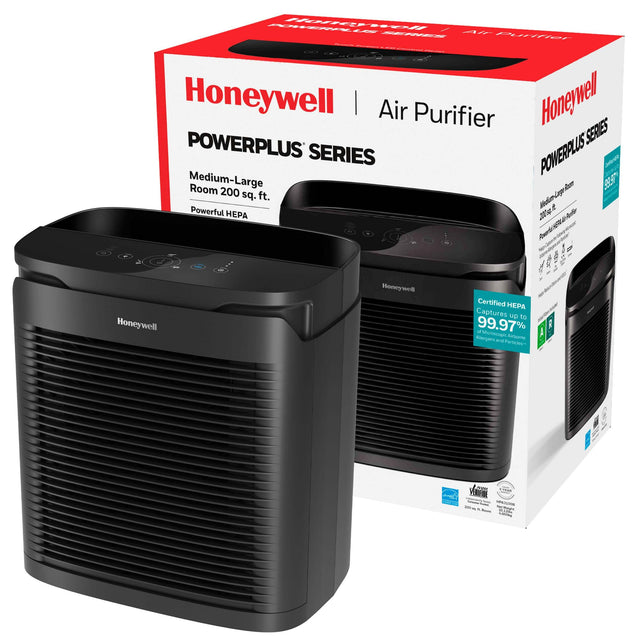 Honeywell is the brand of the air purifier shown in the image. The air purifier is part of the PowerPlus series, designed for medium to large rooms up to 200 square feet. It features a powerful HEPA filter that captures up to 99.97% of particles, including allergens, bacteria, viruses, and odors. The air purifier is certified by the American Lung Association and the EPA, ensuring its effectiveness in improving indoor air quality.
